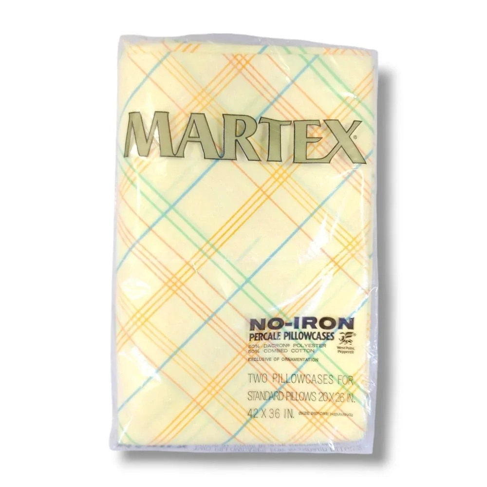 Vintage MARTEX Full Size No-Iron Percale 2-Flat Sheets 1-Pillowcase Yellow Plaid